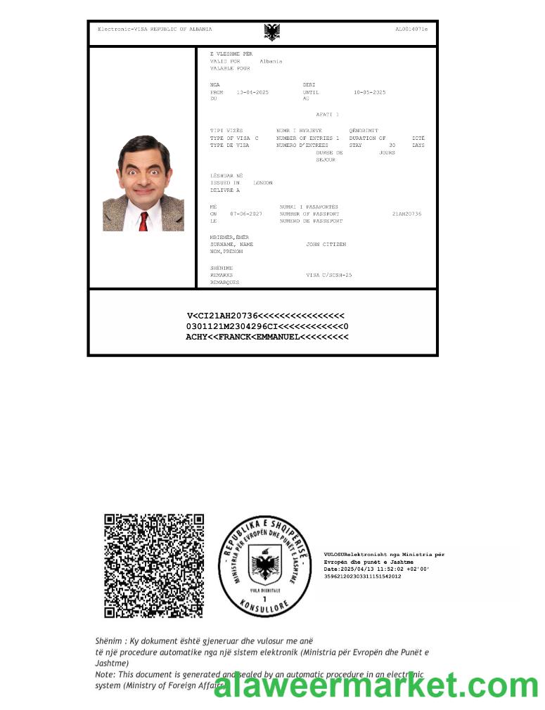 Albania e-visa template in Word and PDF formats, version 2